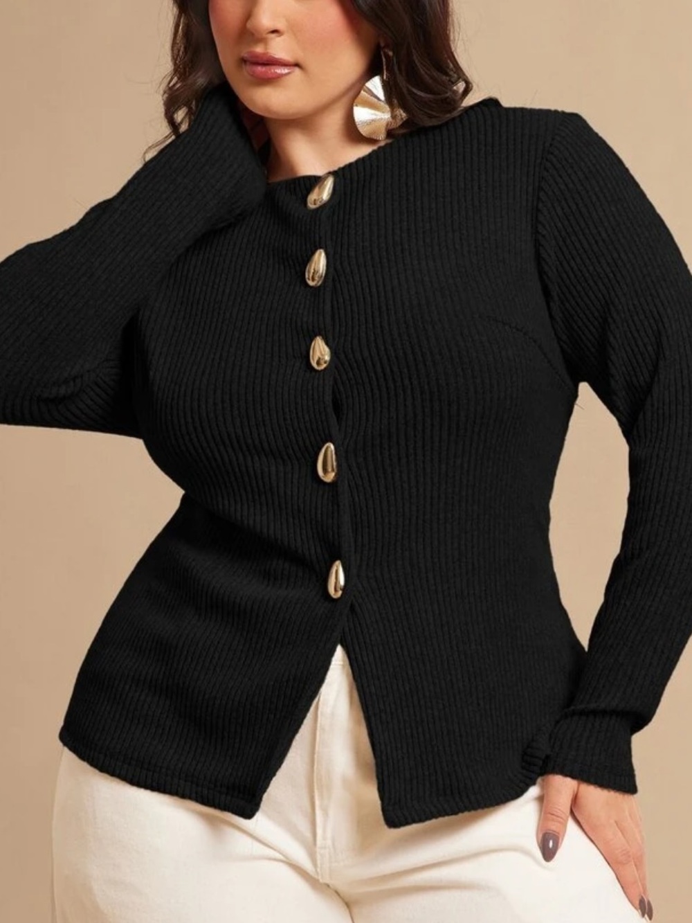 Black Ribbed Button-Front Sweater - Picture 4 of 7